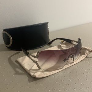 Bvlgari burgundy gradient shield sunglasses with Swarovski crystals.